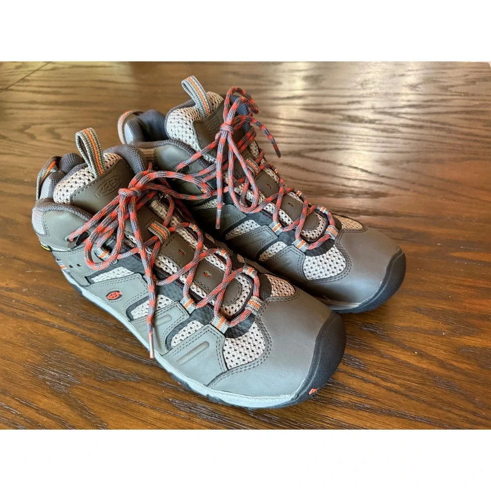 KEEN Steens Mid Waterproof Hiking Boots Mens 10 Grey Orange Excellent Trail Shoe